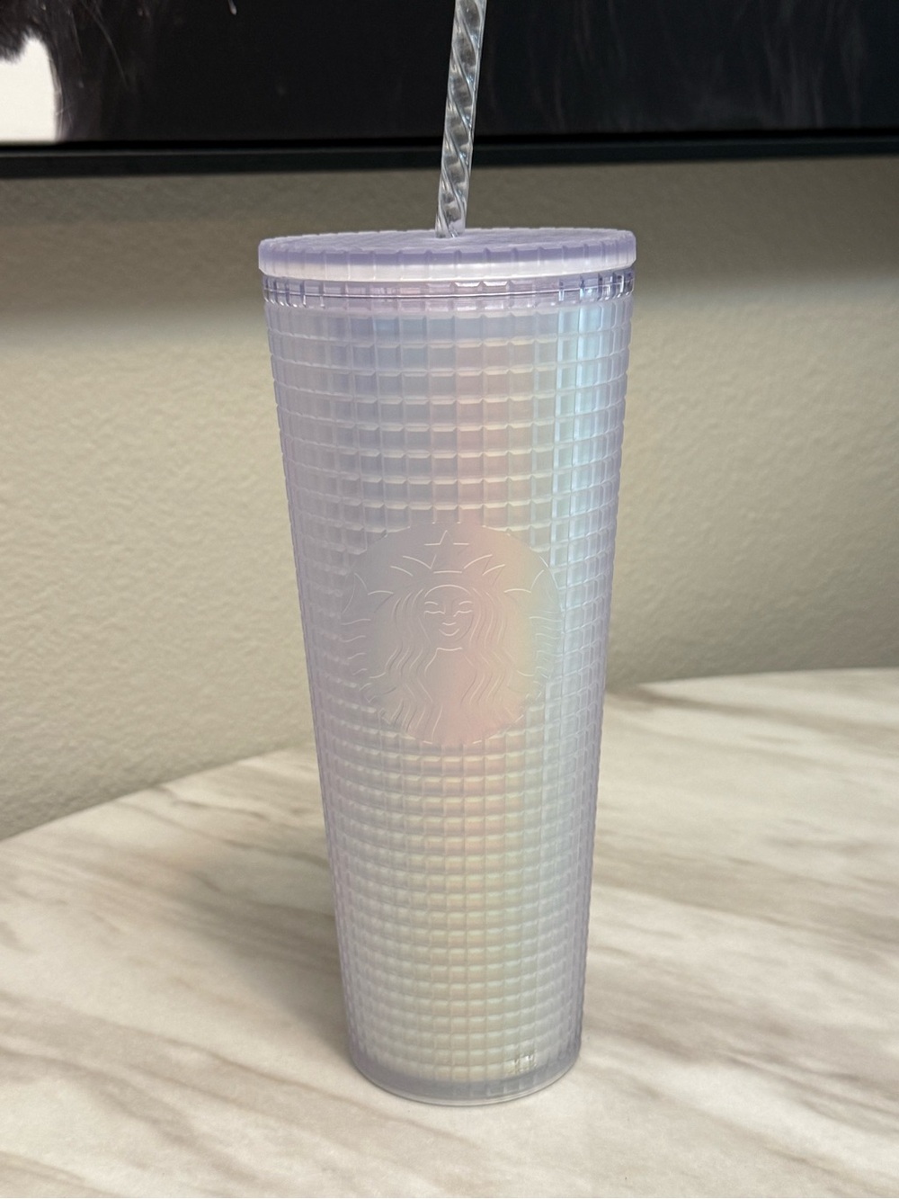 Starbucks Spring 2022 Soft Touch Iridescent Frost White Grid Tumbler in a 24 oz